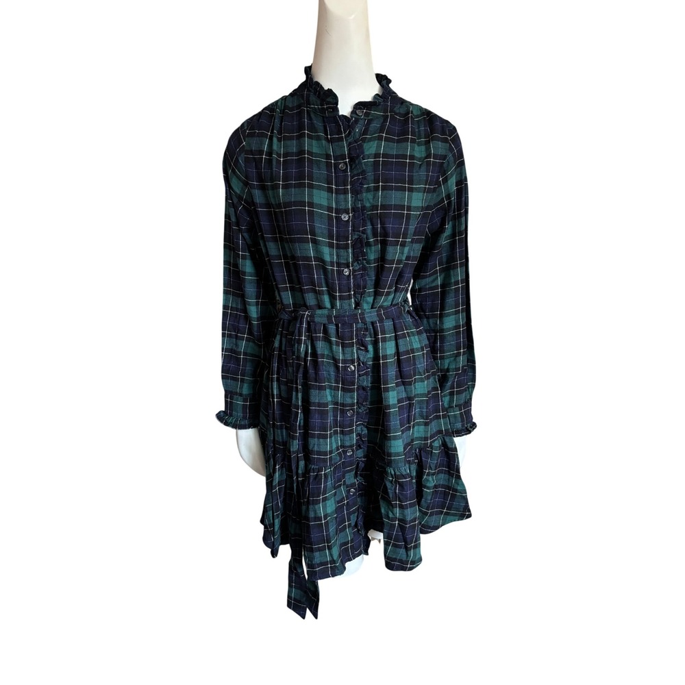 GAP Green Navy Plaid Ruffle Trim Tiered Mini Shirt Dress with Belt Long Sleeve